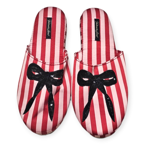 NWT Victoria's Secret Signature Satin Pink & Red Striped Slippers w/Sequined Bow - Picture 1 of 14